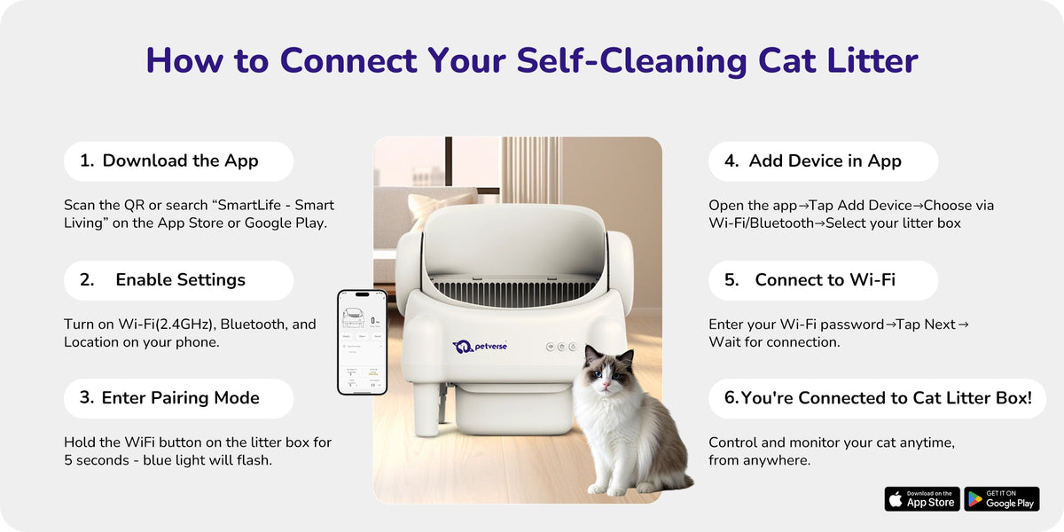 Showing how to connect a self‑cleaning cat litter box with app steps and a cat next to the device