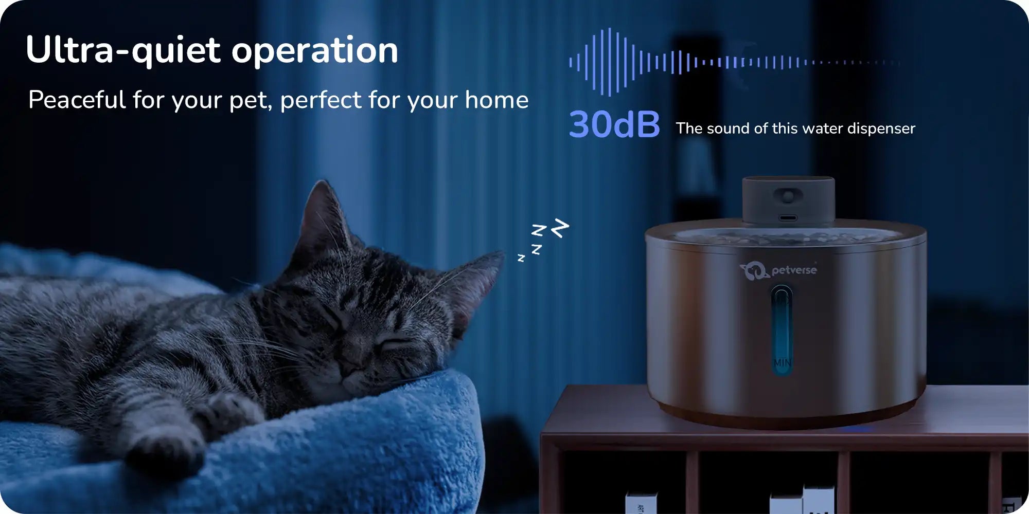 Sleeping cat beside a Petverse ultra‑quiet pet water dispenser with ‘30 dB peaceful for your pet’
