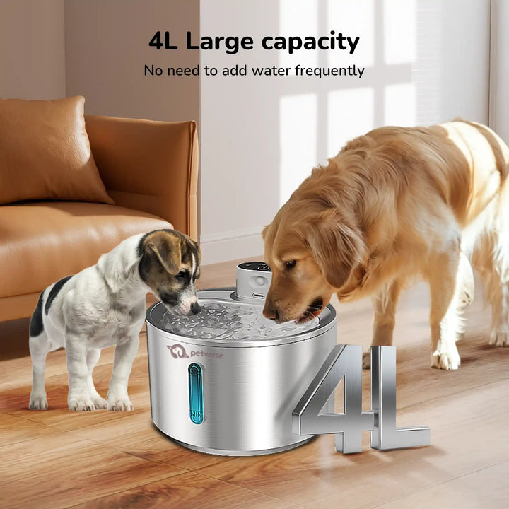 Two dogs drinking from a 4 L large‑capacity automatic pet water fountain in a living room.