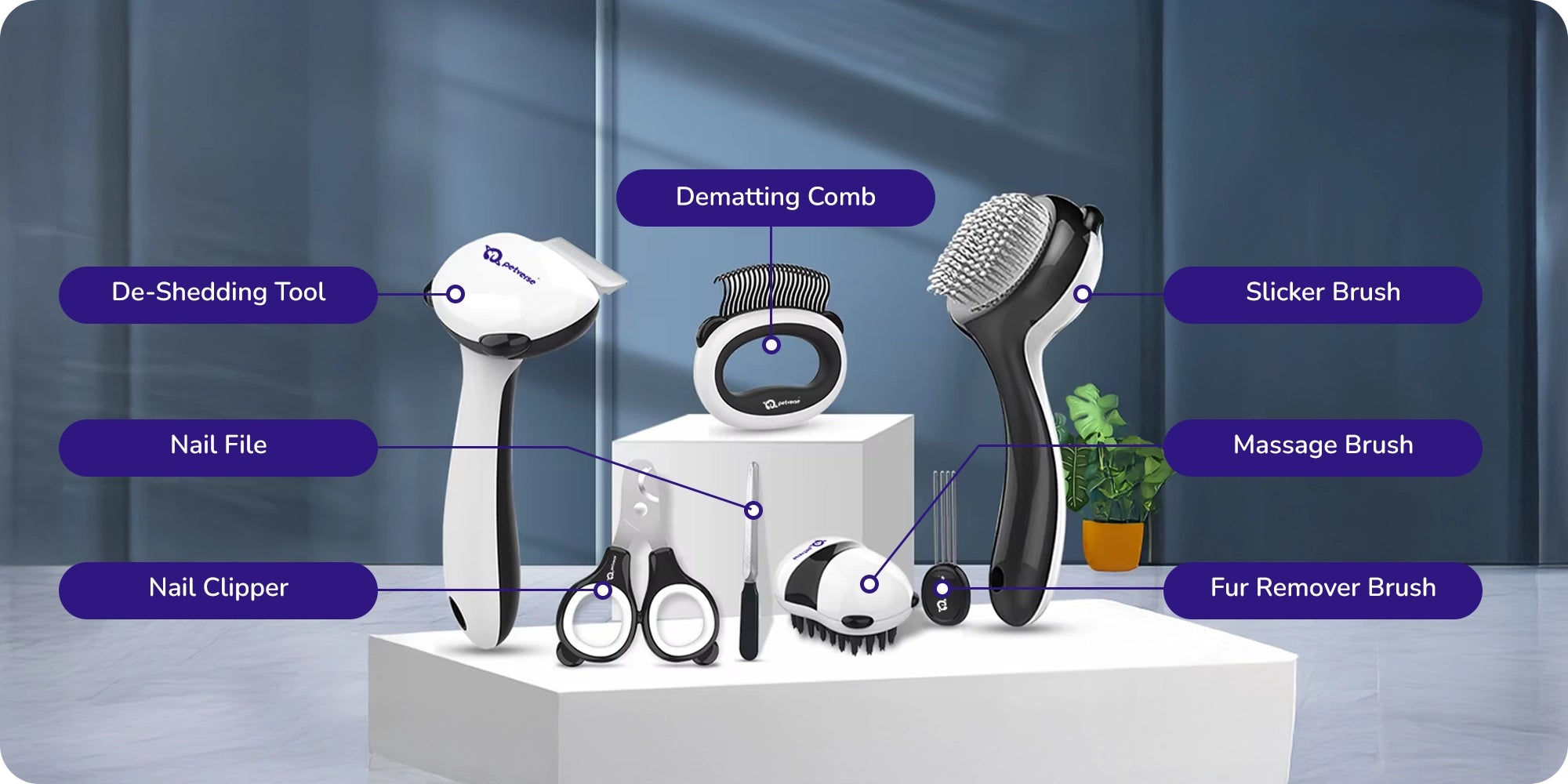 Pet grooming kit showing nail clipper, nail file, de‑shedding tool, dematting comb, fur remover, slicker, and massage brushes.