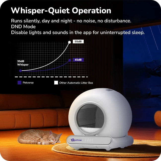 Automatic cat litter box with a sleeping cat, highlighting whisper-quiet operation and DND silent mode