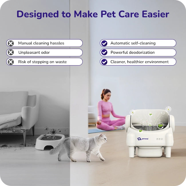 A comparison showing pet care made easier with an automatic self‑cleaning cat litter box versus manual cleaning hassles, featuring a cat and cleaner home environment.