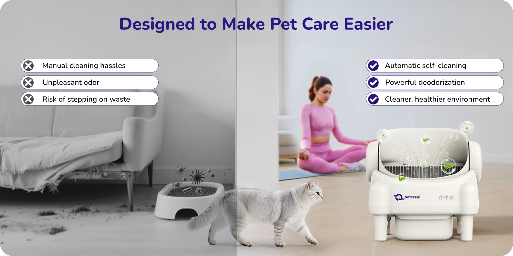 A comparison showing pet care made easier with an automatic self‑cleaning cat litter box versus manual cleaning hassles, featuring a cat and cleaner home environment.