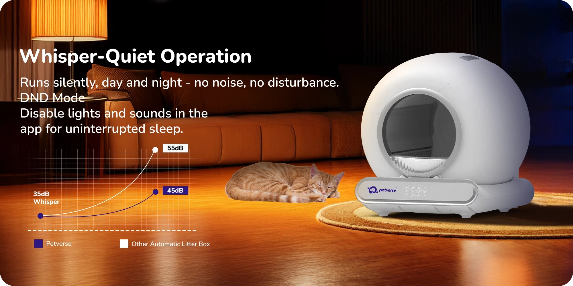 Automatic cat litter box with a cat resting nearby, showing whisper-quiet operation, DND mode, and low-noise features in a home setting