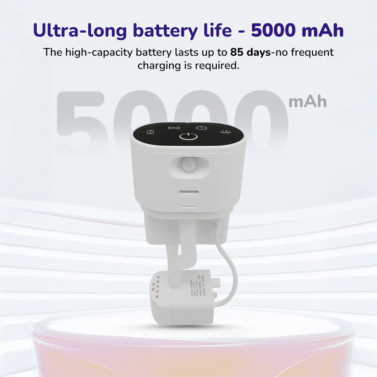 Compact pet water fountain component showing ultra-long 5000 mAh battery life up to 85 days