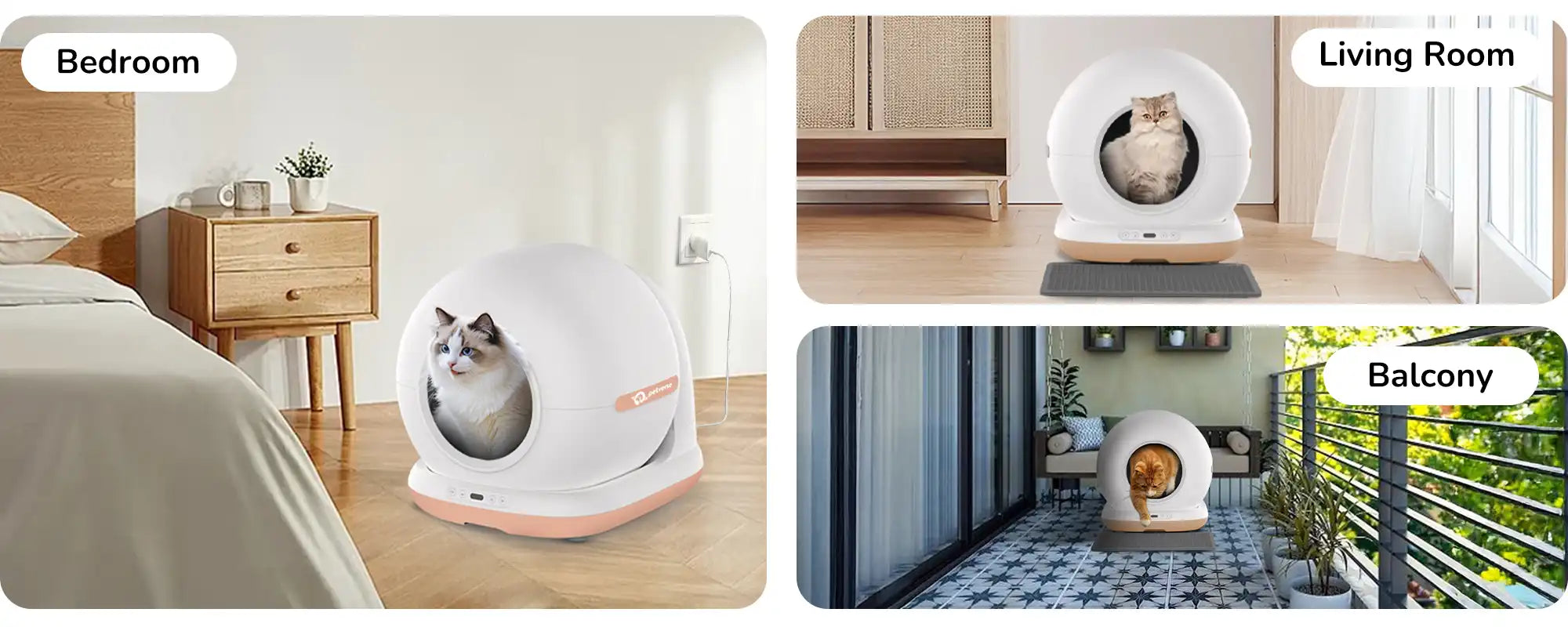 A white automatic cat litter box with a cat inside is displayed in the living room, bedroom, and balcony.