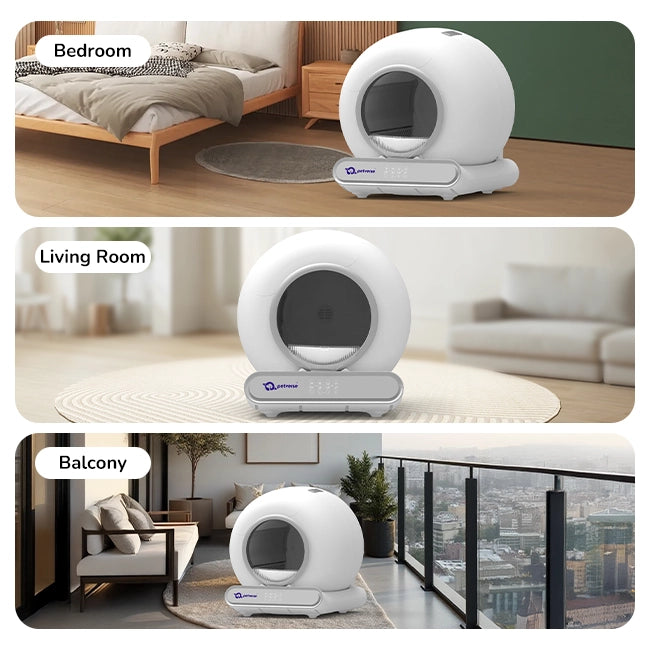 Automatic cat litter box shown in bedroom, living room, and balcony settings