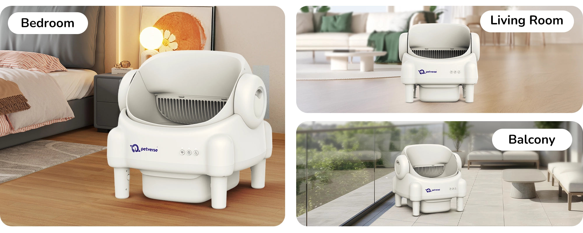 Automatic cat litter box shown in bedroom, living room, and balcony settings.