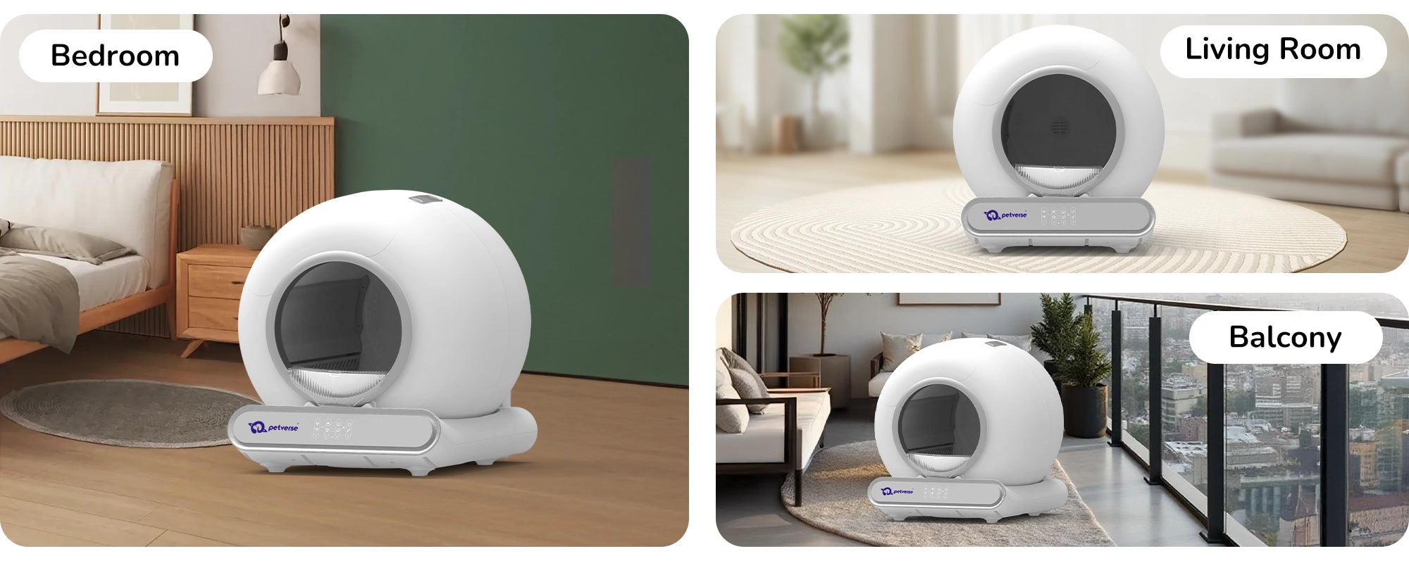 Automatic cat litter box shown in bedroom, living room, and balcony settings