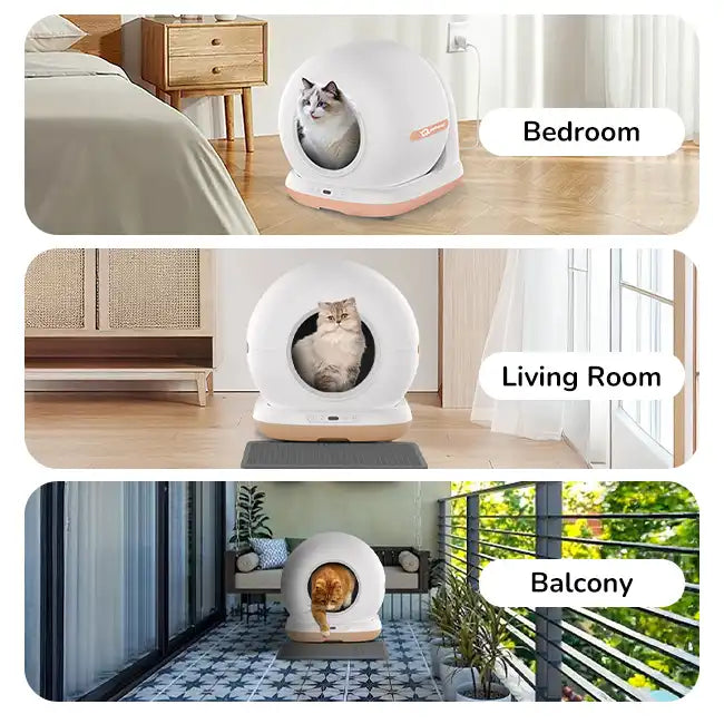 Three-panel image showing a round automatic cat litter box with a cat inside in bedroom, living room, and balcony settings.