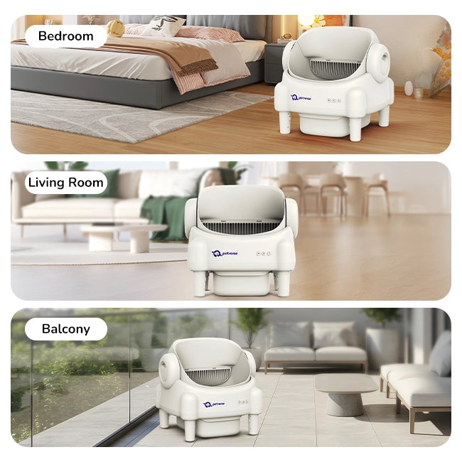 An automatic cat litter box is shown in bedroom, living room, and balcony settings, demonstrating versatile indoor use.
