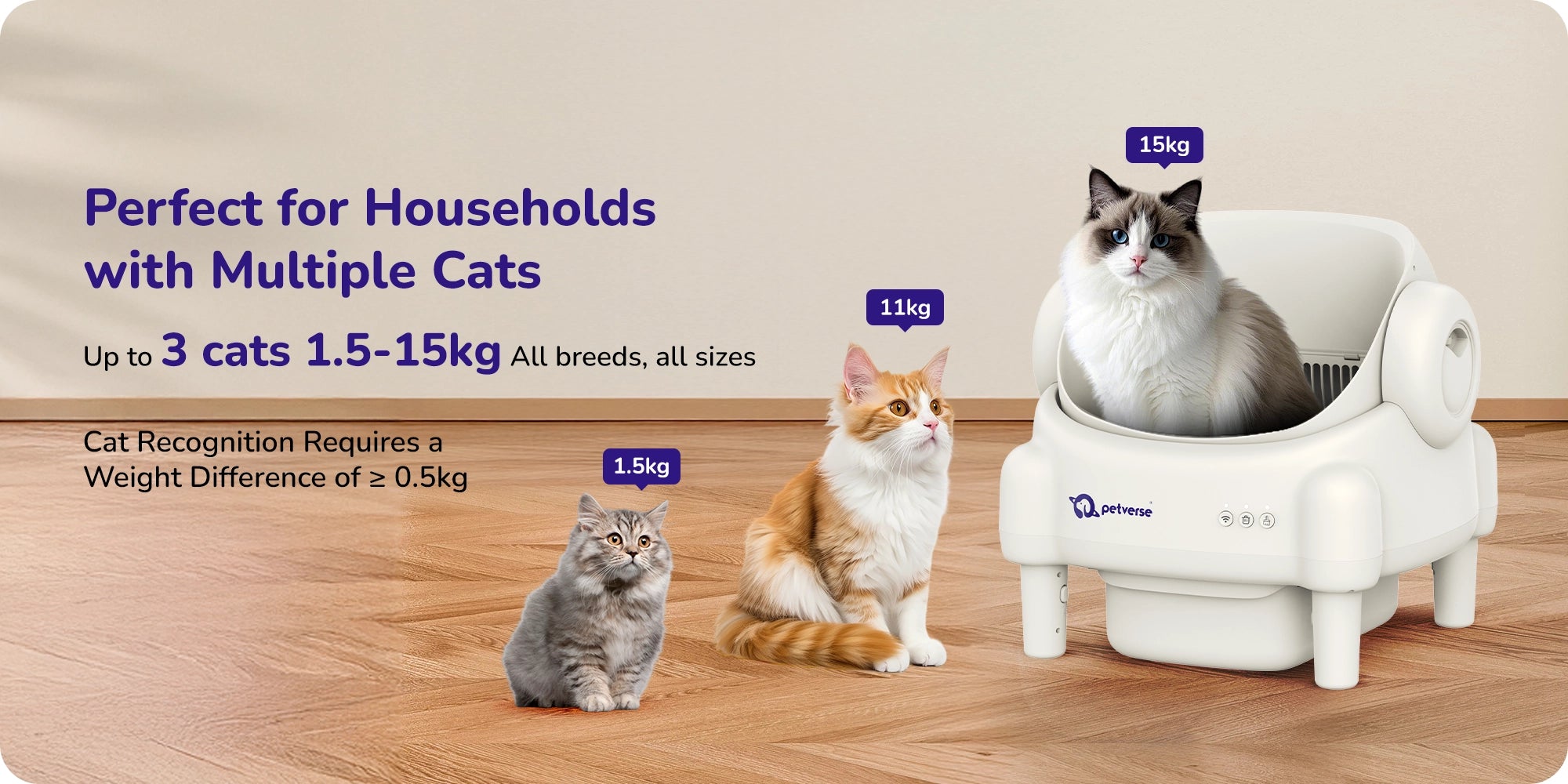An automatic cat litter box is shown with three cats of different sizes, highlighting suitability for households with multiple cats.