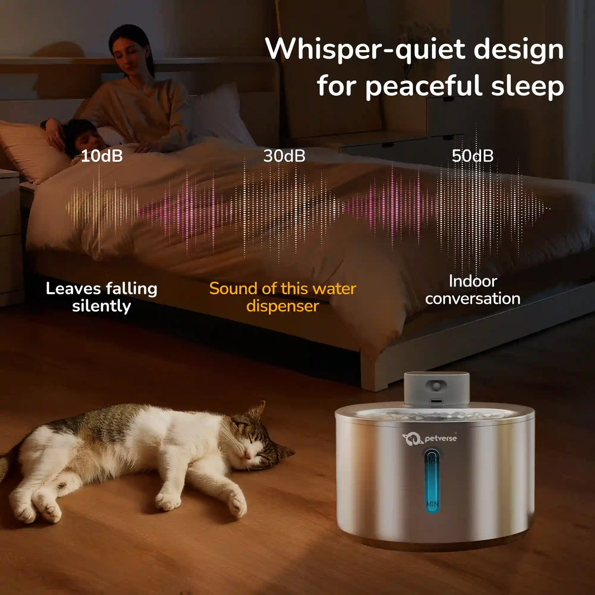 Quiet pet water dispenser with noise‑level text overlay showing whisper‑quiet design beside a sleeping cat and resting person