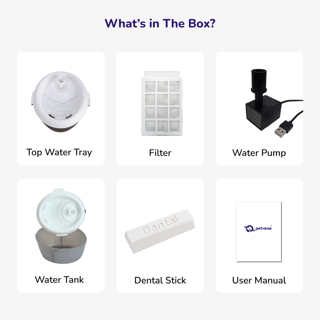 Complete unboxing of the pet water fountain including the water tank, stainless steel tray, water pump, 5-piece filter set, dental care tablets, and user manual.