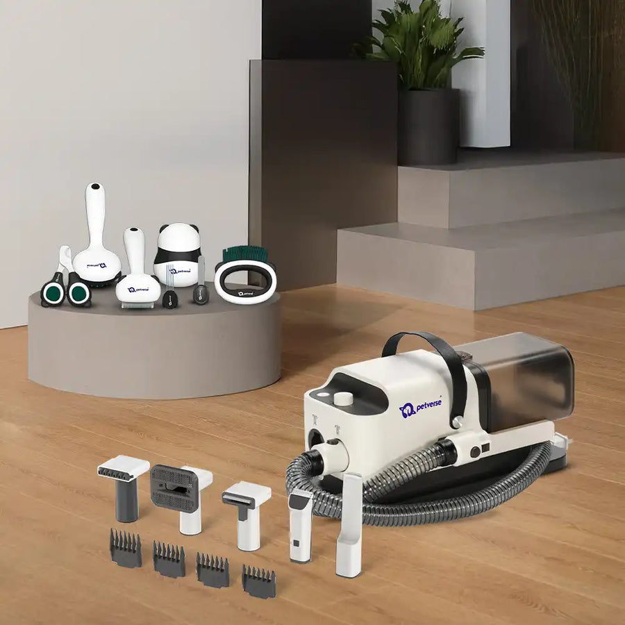 Modern pet grooming kit with white and black brush and clipper attachments