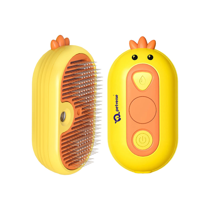 Yellow and orange Petverse pet grooming spray comb brush with soft bristles and mist‑spray button
