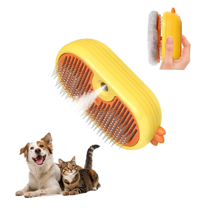 A spiral-designed brush head on a teal pet comb traps loose fur to prevent hair from flying while grooming.