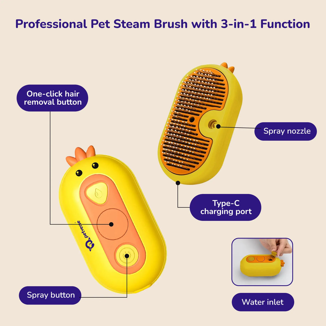Professional 3-in-1 pet steam brush in teal, showing the electric spray, grooming, and massage functions.