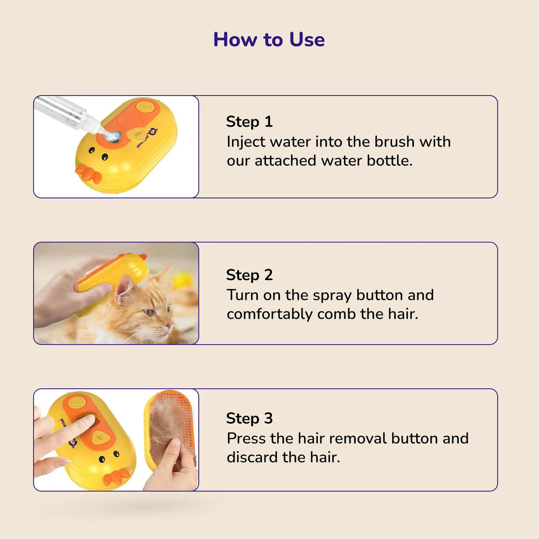 Steps to use the pet spray comb: fill the water tank, turn on the mist function, and brush the pet to collect hair.