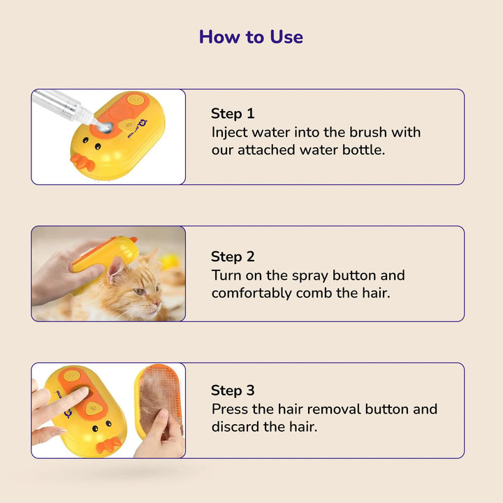 Steps to use the pet spray comb: fill the water tank, turn on the mist function, and brush the pet to collect hair.