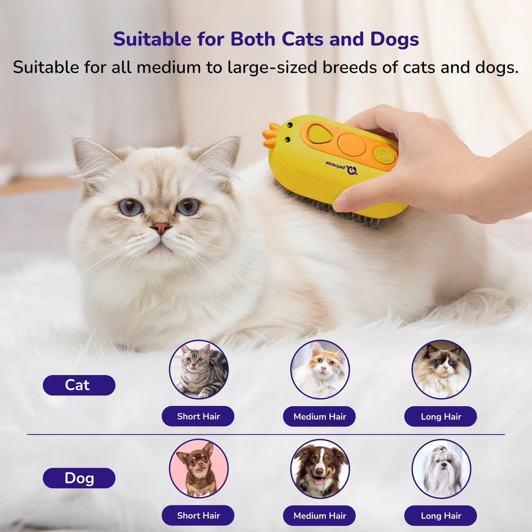 Handheld teal pet spray brush with soft silicone bristles for gentle grooming and coat detangling.