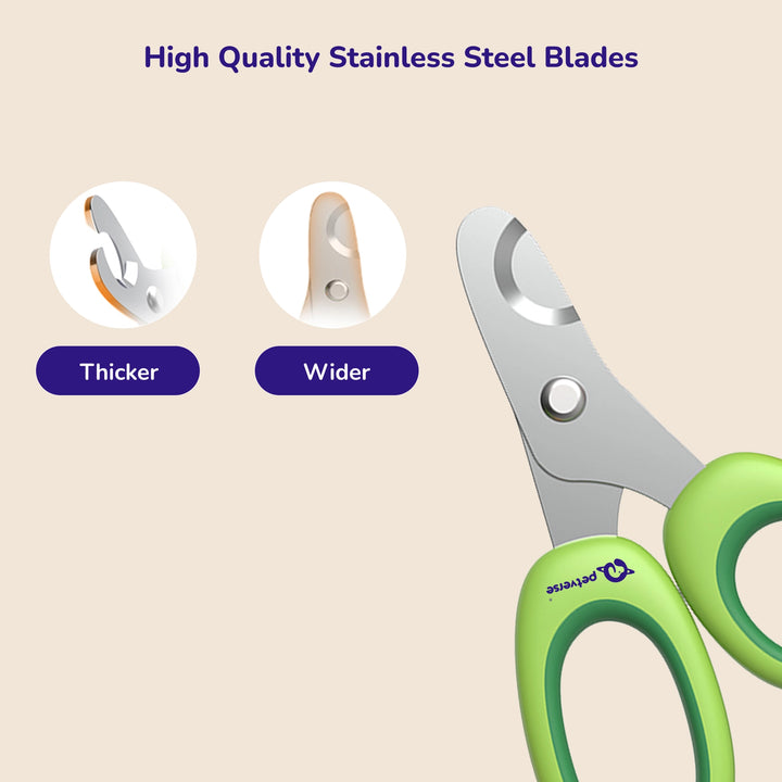 Pet nail clippers showing sharp stainless steel blades and green handles on a clean backdrop.