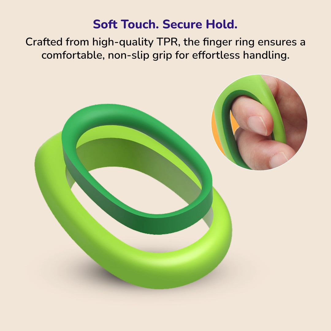 Green soft-touch finger ring grip for pet nail clippers, ensuring a comfortable non-slip hold.