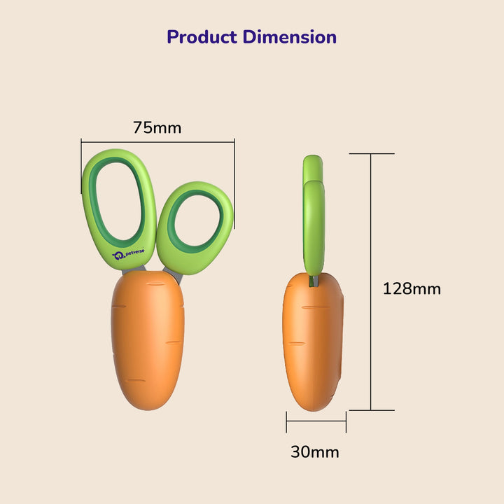 Green-handled pet nail clipper with carrot-shaped orange cover and product dimensions on a light background.