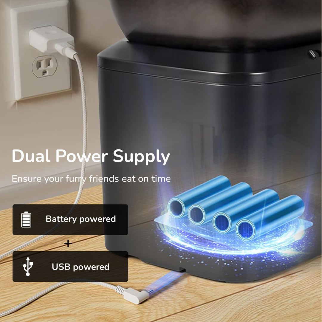 Pet food dispenser with dual power supply options.