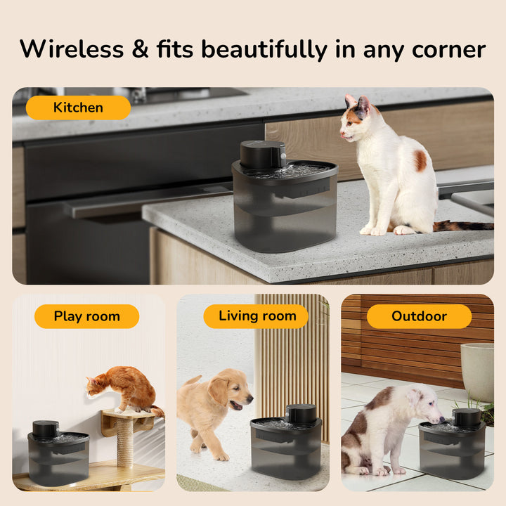 Pet water fountain is wireless and fits beautifully in any corner