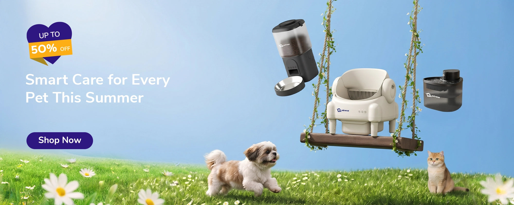 Petverse summer sale banner with automatic pet feeder, self-cleaning litter box and wireless water fountain on a garden swing with a dog and cat on grass.