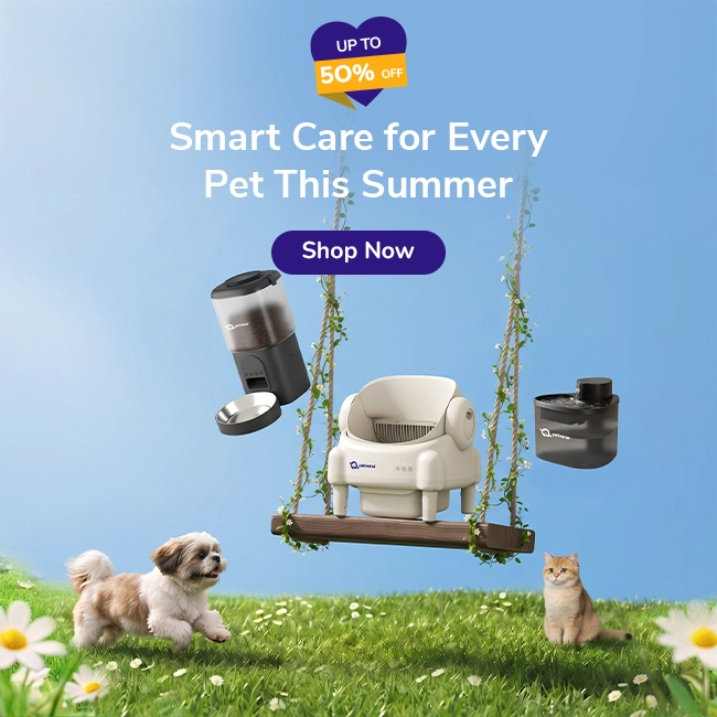 Petverse summer sale banner with automatic pet feeder, self-cleaning litter box and wireless water fountain on a garden swing with a dog and cat on grass.