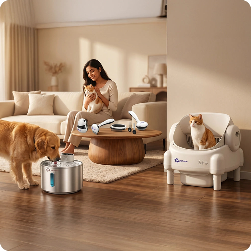 Woman sitting on a couch with a dog and cat, surrounded by pet products in a living room.