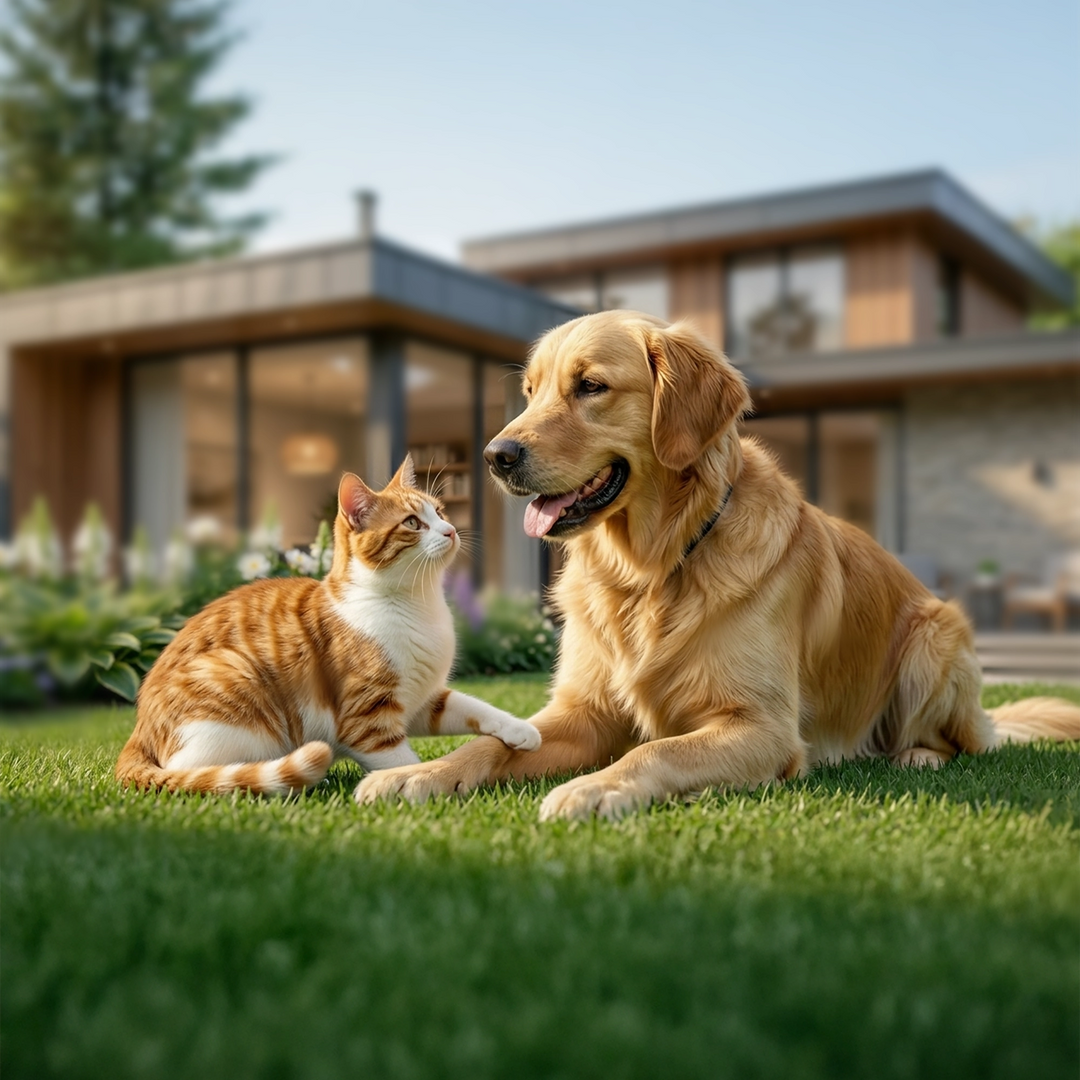 Dog and cat lying on grass in front of a house