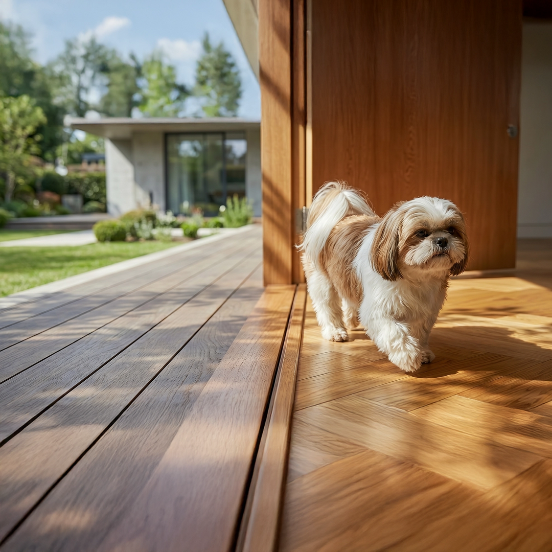 Small dog standing on a wooden deck with a house and garden in the background
