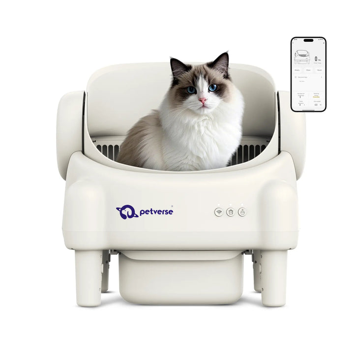 Automatic self‑cleaning cat litter box angled view showing rounded entrance and internal waste compartment