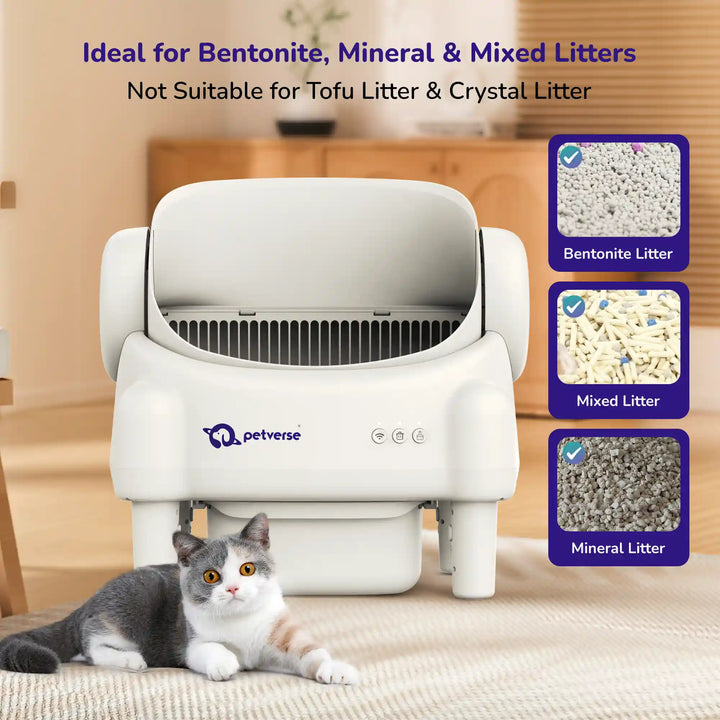 Automatic cat litter box with a cat in front and text indicating it’s ideal for bentonite, mineral, and mixed litters but not suitable for tofu or crystal litter