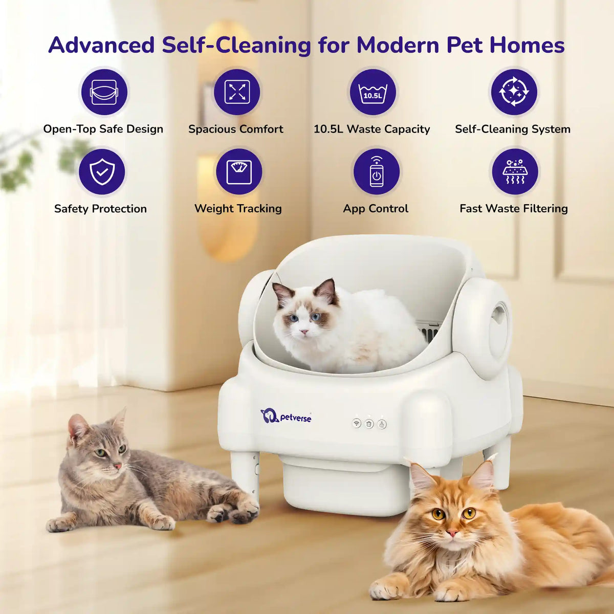 Two cats beside an open‑top self‑cleaning cat litter box with icons above for open‑top design, spacious interior.