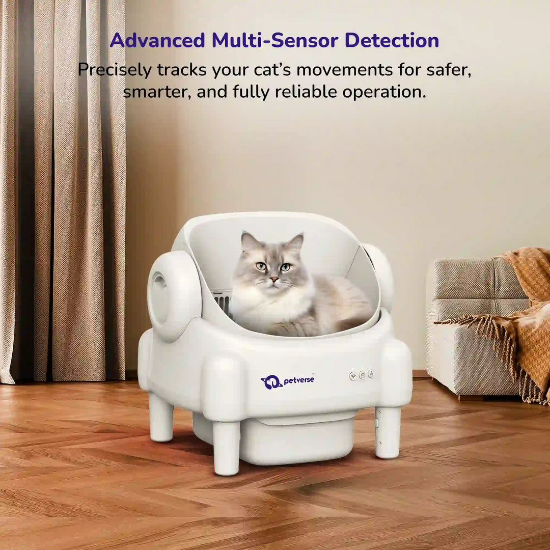 Self‑cleaning cat litter box open‑top view showing the litter tray with arrows indicating waste removal and airflow.