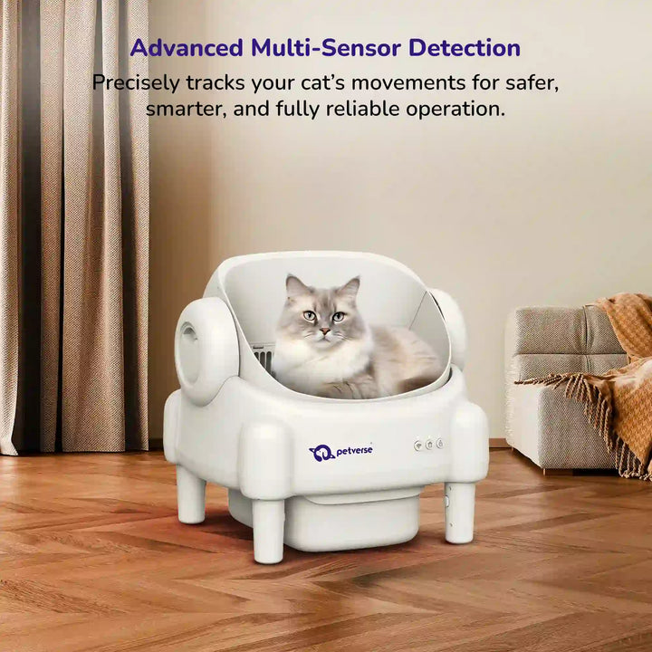 Self‑cleaning cat litter box open‑top view showing the litter tray with arrows indicating waste removal and airflow.