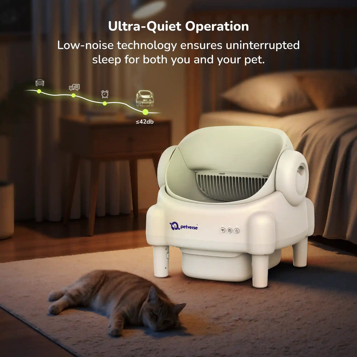 Automatic cat litter box with ultra‑quiet operation graphic and a cat lying next to it on the floor.