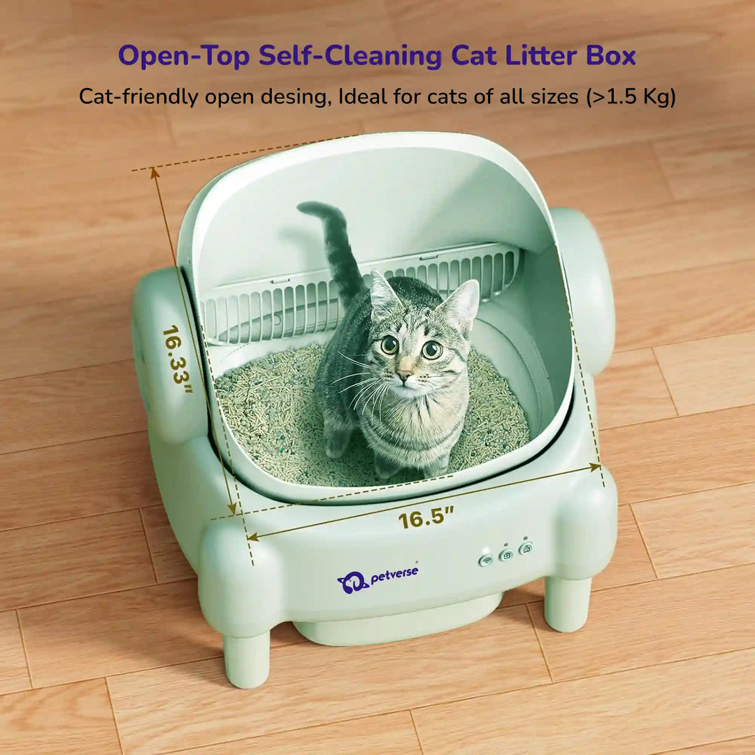 Cat inside an open‑top self‑cleaning petverse litter box with dimensions and text highlighting its cat‑friendly design.