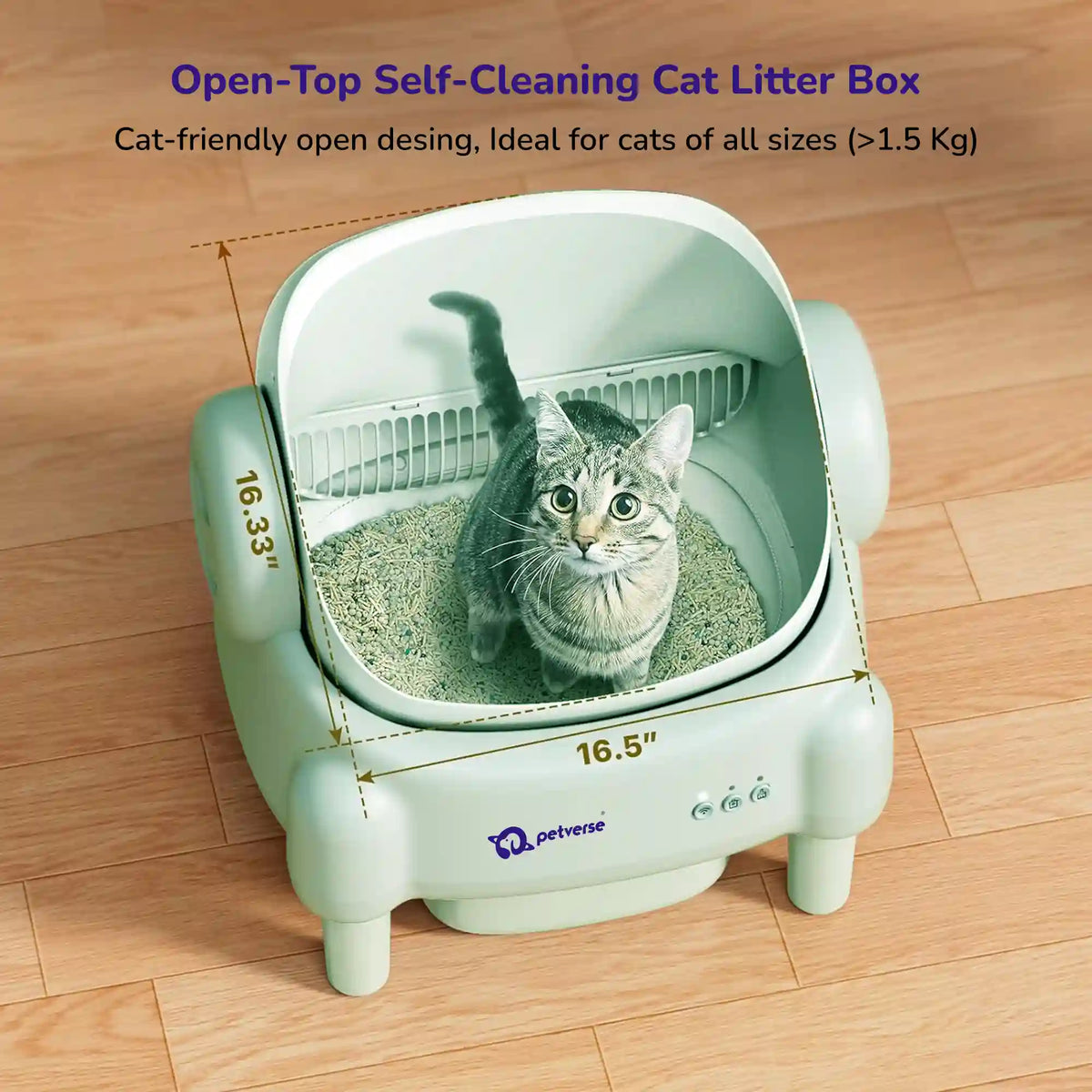 Cat inside an open‑top self‑cleaning petverse litter box with dimensions and text highlighting its cat‑friendly design.