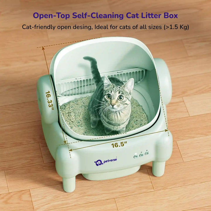 Cat inside an open‑top self‑cleaning petverse litter box with dimensions and text highlighting its cat‑friendly design.