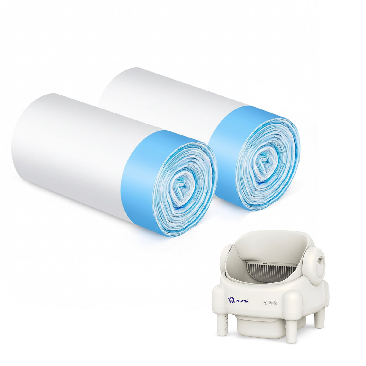 Rolls of self‑cleaning litter box garbage bags with packaging showing pet waste icons and label.