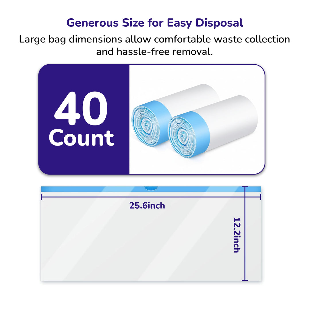 Roll of self‑cleaning litter box garbage bags with simple packaging and pet waste icons.