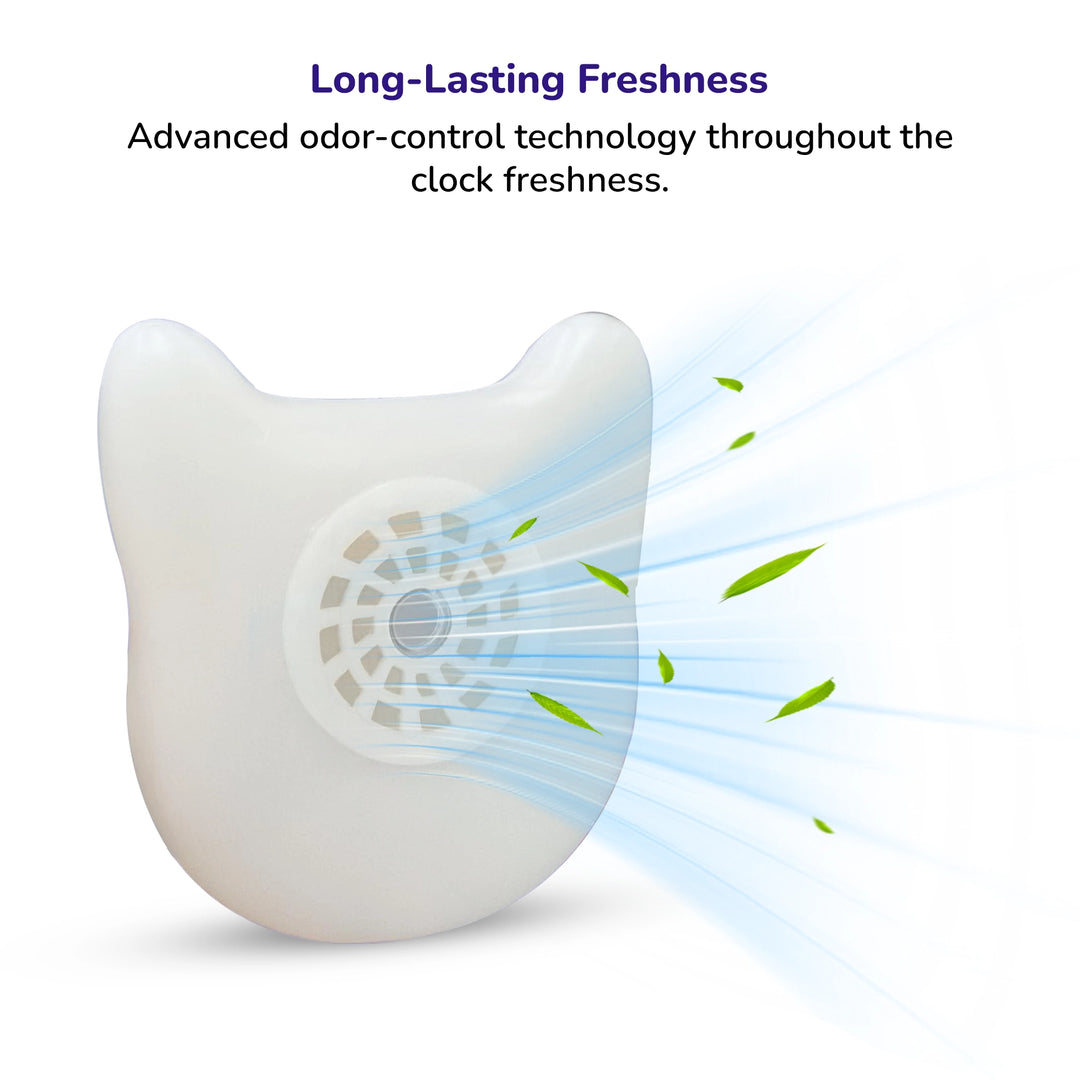 Self‑cleaning odor eliminator device with charcoal carrier and scent icons on a neutral background.