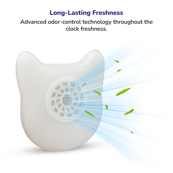 Self‑cleaning odor eliminator device with charcoal carrier and scent icons on a neutral background.