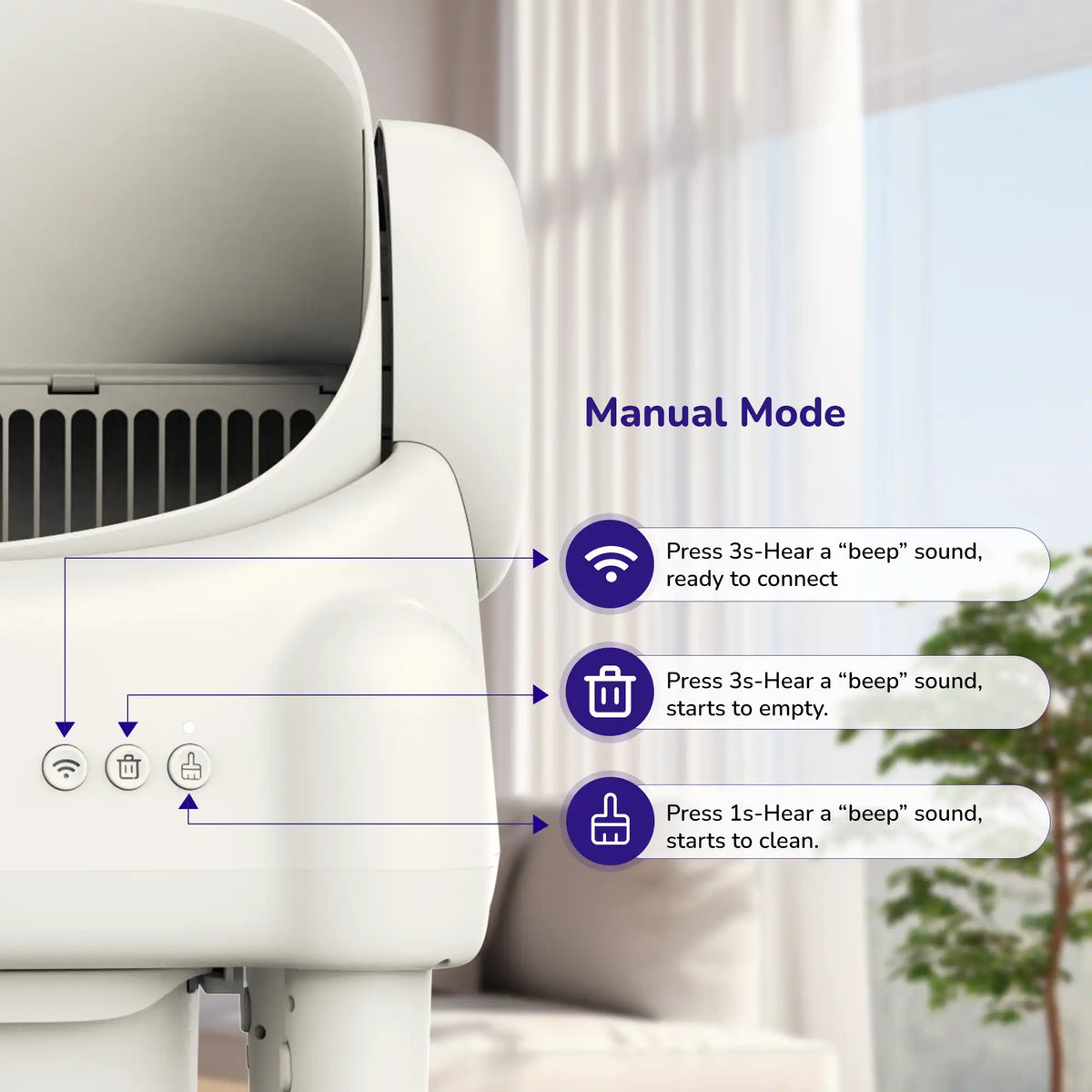 Close‑up of self‑cleaning cat litter box showing manual mode buttons with text instructions for Wi‑Fi, emptying, and cleaning functions.