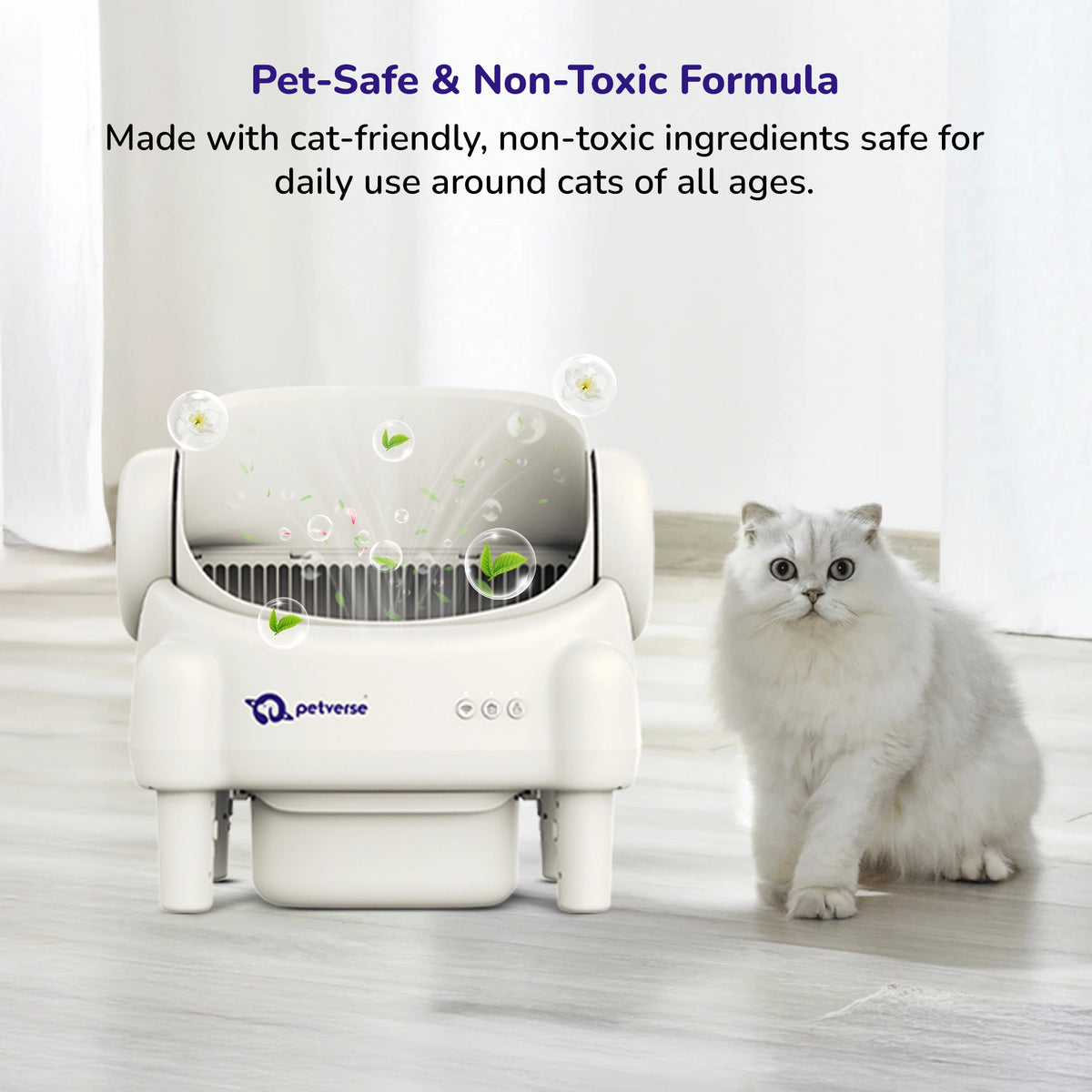 Self‑cleaning odor eliminator device with charcoal filters and fresh scent icons on a neutral background.
